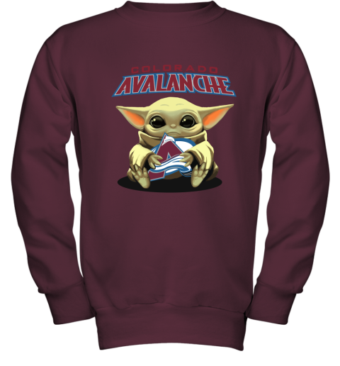 Baby Yoda Hugs The Colorado Avalanche Ice Hockey Youth Sweatshirt
