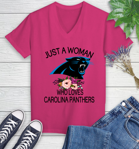 NFL Just A Woman Who Loves Carolina Panthers Football Sports Women's V-Neck T-Shirt 5