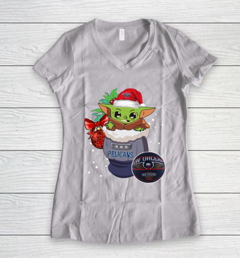 New Orleans Pelicans Christmas Baby Yoda Star Wars Funny Happy NBA Women's V-Neck T-Shirt 2