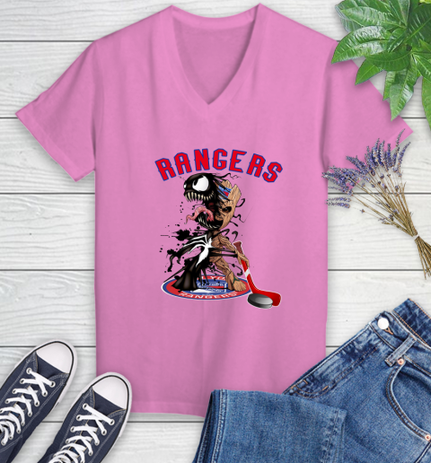 NHL New York Rangers Hockey Venom Groot Guardians Of The Galaxy Women's V-Neck T-Shirt 14