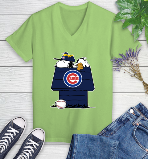 MLB Chicago Cubs Snoopy Woodstock The Peanuts Movie Baseball T Shirt Women's V-Neck T-Shirt 11