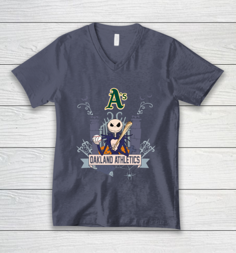 MLB Oakland Athletics Baseball Jack Skellington Halloween V-Neck T-Shirt 7