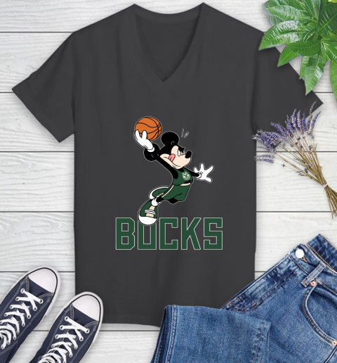 NBA Basketball Milwaukee Bucks Cheerful Mickey Mouse Shirt Women's V-Neck T-Shirt 7
