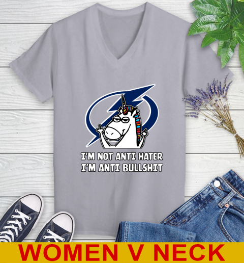 Tampa Bay Lightning NHL Hockey Unicorn I'm Not Anti Hater I'm Anti Bullshit Women's V-Neck T-Shirt 5