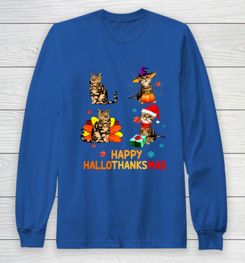 Cat Halloween Thanksgiving Christmas Happy Hallothanksmas Long Sleeve T-Shirt 6