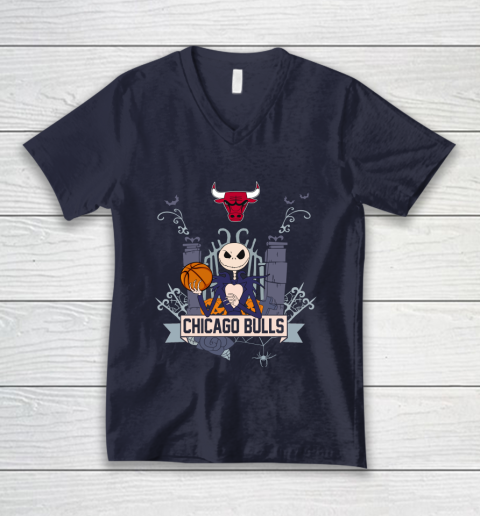 NBA Chicago Bulls Basketball Jack Skellington Halloween V-Neck T-Shirt 2