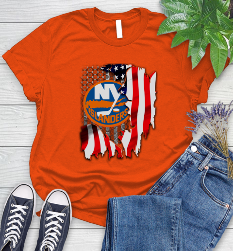 New York Islanders NHL Hockey American Flag Women's T-Shirt 3