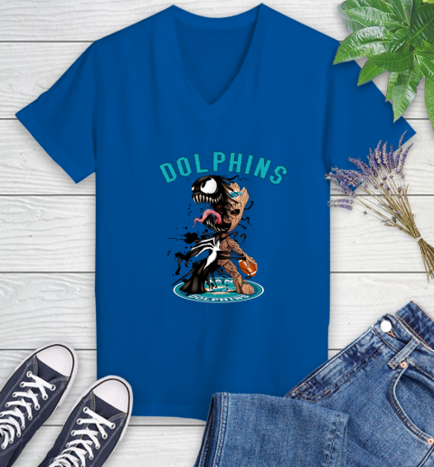 NFL Miami Dolphins Football Venom Groot Guardians Of The Galaxy Women's V-Neck T-Shirt 10