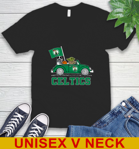 NBA Basketball Boston Celtics Darth Vader Baby Yoda Driving Star Wars Shirt V-Neck T-Shirt 2
