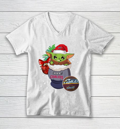 Cleveland Cavaliers Christmas Baby Yoda Star Wars Funny Happy NBA V-Neck T-Shirt 2