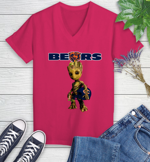 Chicago Bears NFL Football Groot Marvel Guardians Of The Galaxy Women's V-Neck T-Shirt 9