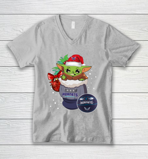 Charlotte Hornets Christmas Baby Yoda Star Wars Funny Happy NBA V-Neck T-Shirt 4