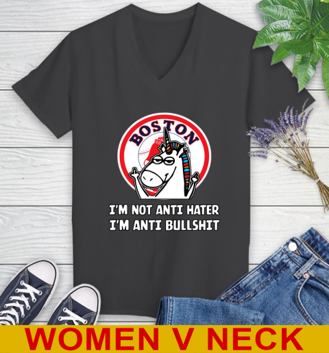 Boston Red Sox MLB Baseball Unicorn I'm Not Anti Hater I'm Anti Bullshit Women's V-Neck T-Shirt 9