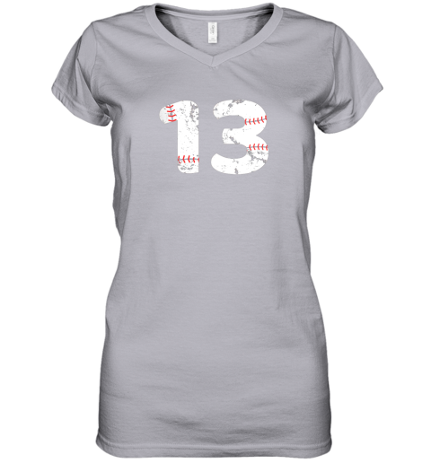 yoln number 13 baseball vintage distressed team women v neck t shirt 39 front sport grey