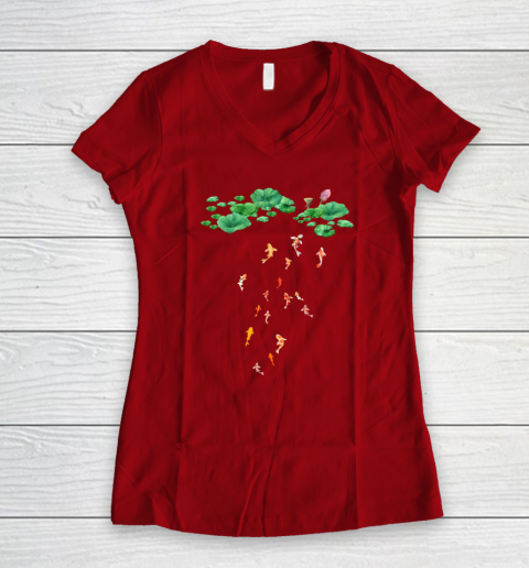 Watercolor Japanese Koi Fish Goldfish Lily Pad Lotus Leaf Beauty Women's V-Neck T-Shirt 6