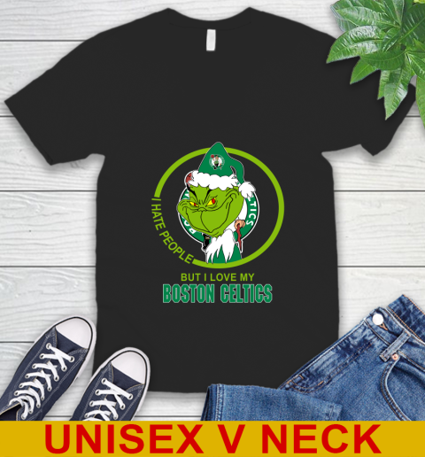 Boston Celtics NBA Christmas Grinch I Hate People But I Love My Favorite Basketball Team V-Neck T-Shirt 2