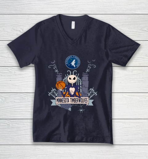 NBA Minnesota Timberwolves Basketball Jack Skellington Halloween V-Neck T-Shirt 2
