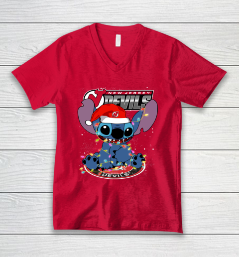 New Jersey Devils NHL Hockey noel stitch Christmas V-Neck T-Shirt 3