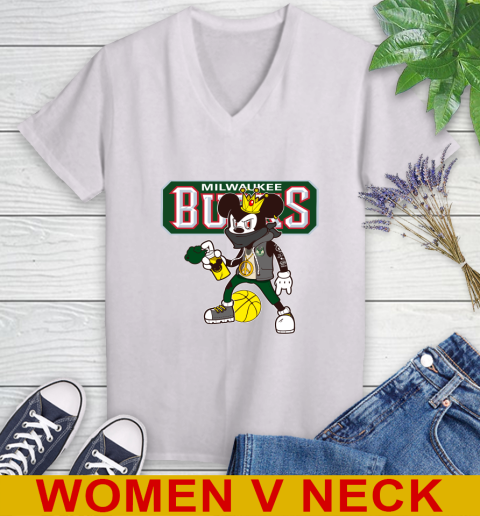 Milwaukee Bucks NBA Basketball Mickey Peace Sign Sports Women's V-Neck T-Shirt