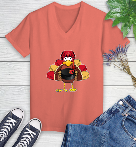 Calgary Flames Turkey Thanksgiving Day Women's V-Neck T-Shirt 6