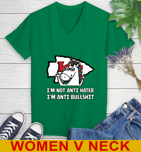 Kansas City Chiefs NFL Football Unicorn I'm Not Anti Hater I'm Anti Bullshit Women's V-Neck T-Shirt 6