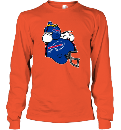 izdv snoopy and woodstock resting on buffalo bills helmet youth long sleeve 50 front orange