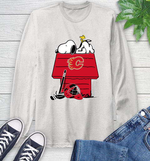 Calgary Flames NHL Hockey Snoopy Woodstock The Peanuts Movie Long Sleeve T-Shirt
