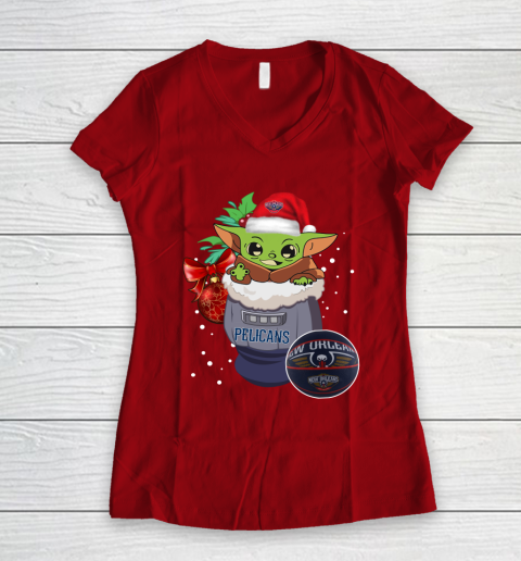 New Orleans Pelicans Christmas Baby Yoda Star Wars Funny Happy NBA Women's V-Neck T-Shirt 10