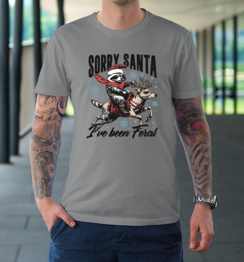 Vintage Sorry Santa I've Been Feral Raccoon Riding Horse Christmas T-Shirt 3