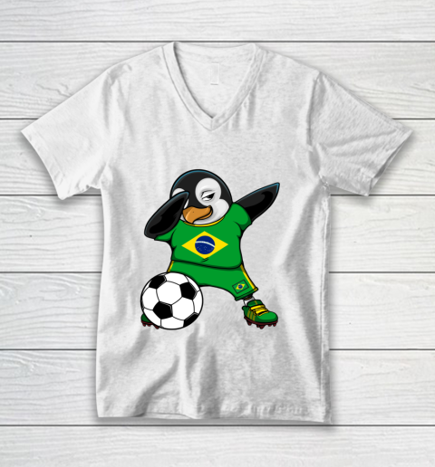 Dabbing Penguin Brazil Soccer Fans Jersey Football Lovers V-Neck T-Shirt