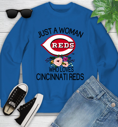 MLB Just A Woman Who Loves Cincinnati Reds Baseball Sports Youth Sweatshirt 4