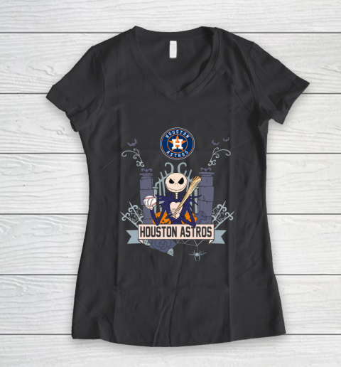MLB Houston Astros Baseball Jack Skellington Halloween Women's V-Neck T-Shirt 6