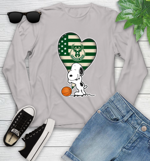 Milwaukee Bucks NBA Basketball The Peanuts Movie Adorable Snoopy Youth Long Sleeve 12