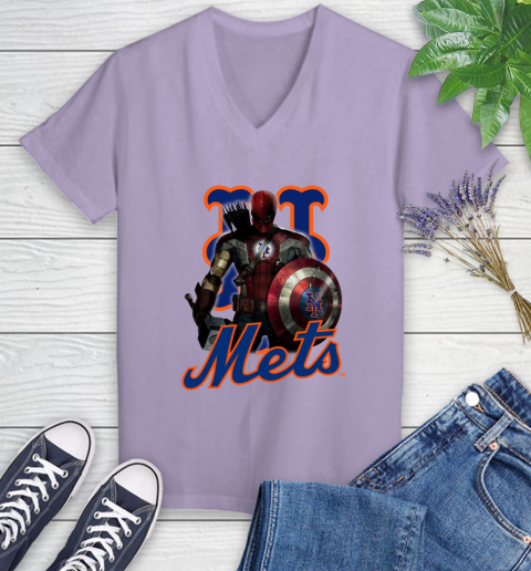 MLB Captain America Thor Spider Man Hawkeye Avengers Endgame Baseball New York Mets Women's V-Neck T-Shirt 14