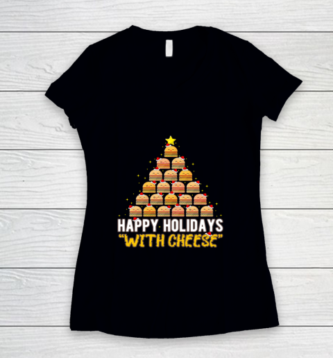 Happy Holidays with Cheese Burger Christmas Tree Funny Women's V-Neck T-Shirt
