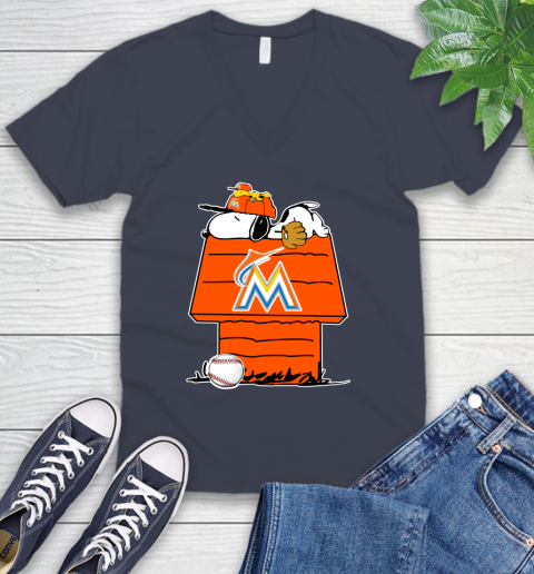 MLB Miami Marlins Snoopy Woodstock The Peanuts Movie Baseball T Shirt V-Neck T-Shirt 9