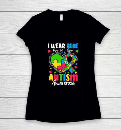 I Wear Blue For My Son Autism Awareness Women's V-Neck T-Shirt
