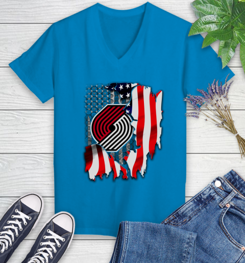 Portland Trail Blazers NBA Basketball American Flag Women's V-Neck T-Shirt 7