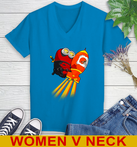 NFL Football Cleveland Browns Deadpool Minion Marvel Shirt Women's V-Neck T-Shirt 7