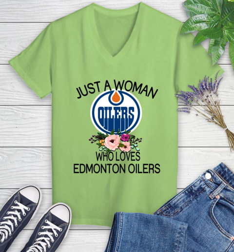 NHL Just A Woman Who Loves Edmonton Oilers Hockey Sports Women's V-Neck T-Shirt 6