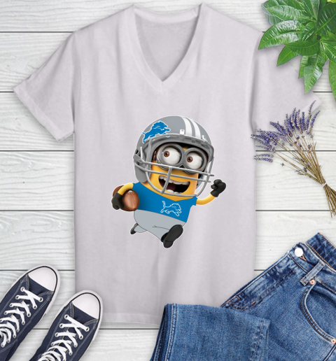 NFL Detroit Lions Minions Disney Football Sports Women's V-Neck T-Shirt