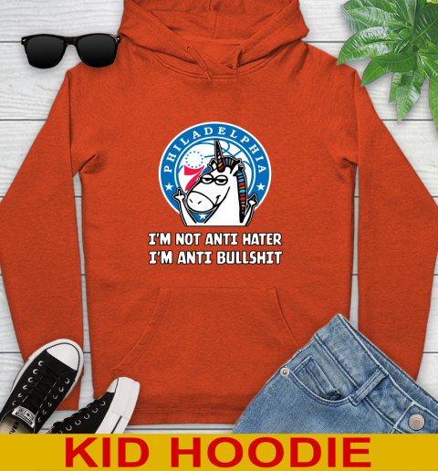 Philadelphia 76ers NBA Basketball Unicorn I'm Not Anti Hater I'm Anti Bullshit Youth Hoodie - Image 6