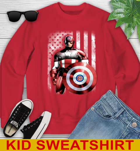 Chicago Cubs MLB Baseball Captain America Marvel Avengers American Flag Shirt Youth Sweatshirt - Image 8