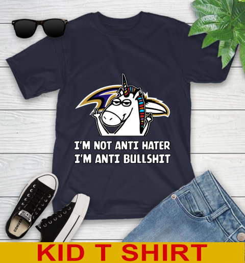 Baltimore Ravens NFL Football Unicorn I'm Not Anti Hater I'm Anti Bullshit Youth T-Shirt 3