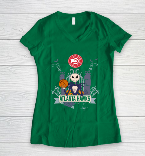 NBA Atlanta Hawks Basketball Jack Skellington Halloween Women's V-Neck T-Shirt 3