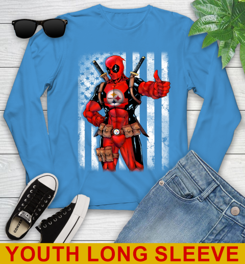 NFL Football Pittsburgh Steelers Deadpool American Flag Shirt Youth Long Sleeve 8
