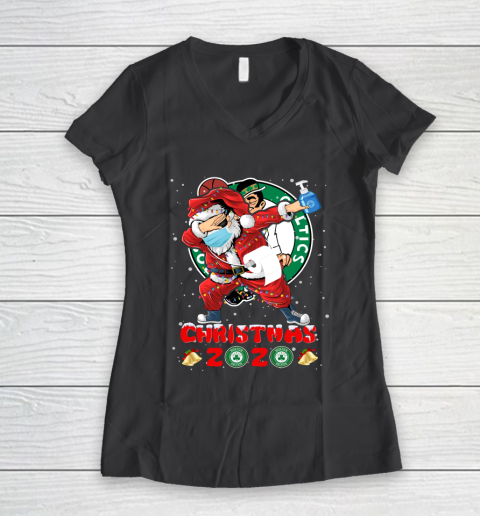 Boston Celtics Funny Santa Claus Dabbing Christmas 2020 NBA Women's V-Neck T-Shirt 6
