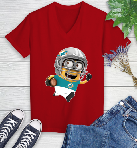 NFL Miami Dolphins Minions Disney Football Sports Women's V-Neck T-Shirt 12