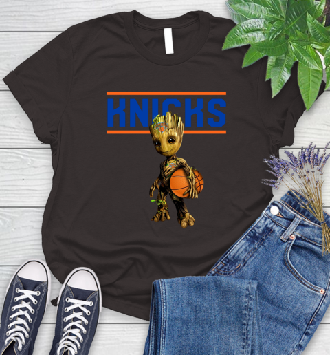 New York Knicks NBA Basketball Groot Marvel Guardians Of The Galaxy Women's T-Shirt 8