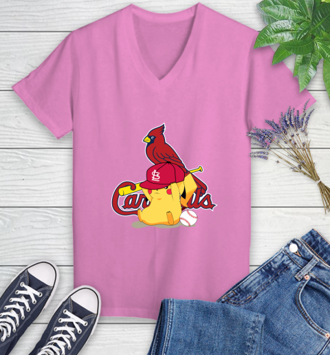 MLB Pikachu Baseball Sports St.Louis Cardinals Women's V-Neck T-Shirt 14